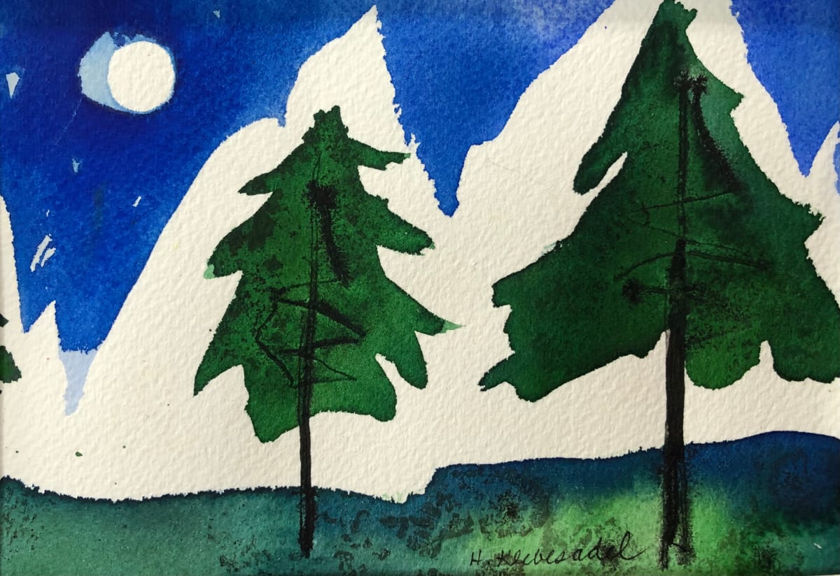 Two Pines With Moon - Drawing a Day #176 by Helen R Klebesadel 