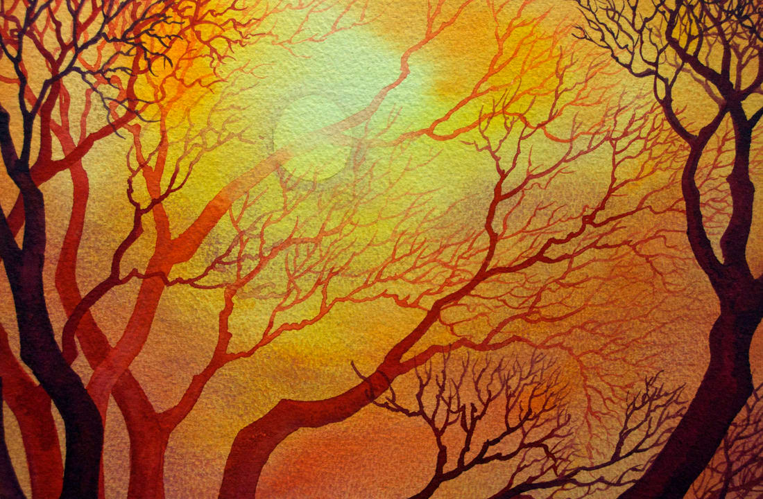 Sunset Lace: Red Trees an original watercolor by Helen R Klebesadel 