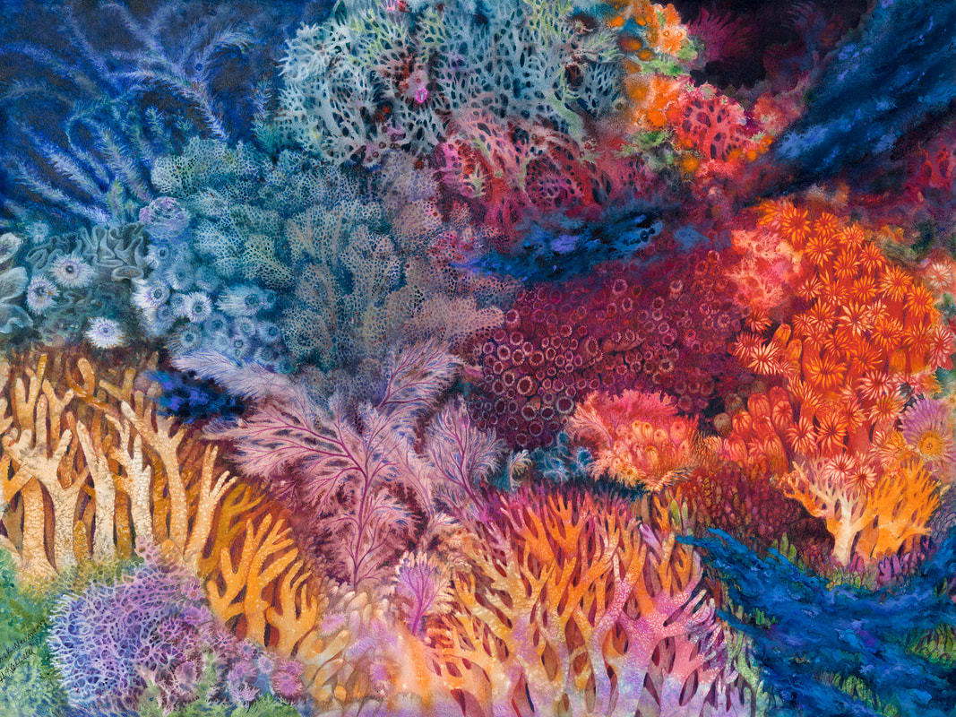 Subterranean Homesick Blues: Corals in Crises Series is  a collaborative watercolor with Mary Kay Neumann  Image: Subterranean Homesick Blues: Corals in Crises Series is  a collaborative watercolor by Helen Klebesadel and  Mary Kay Neumann
