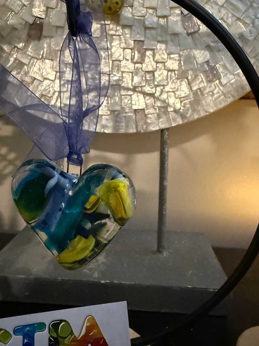 Blue and Yellow Abstract Heart Ornament by Candice Treat Murphy, Image 1.