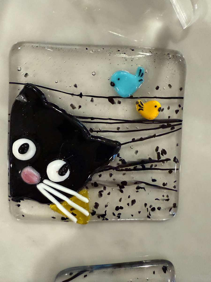 Peeky Black Cat 4” with Blue and Yellow Birds by Candice Treat Murphy, Image 3.