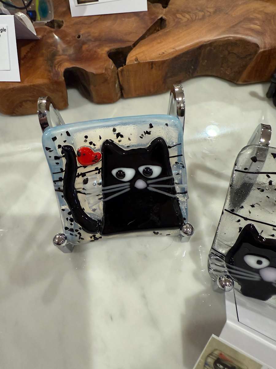 Peeky Black Cat 4” Dish with Red Bird II by Candice Treat Murphy, Image 2.