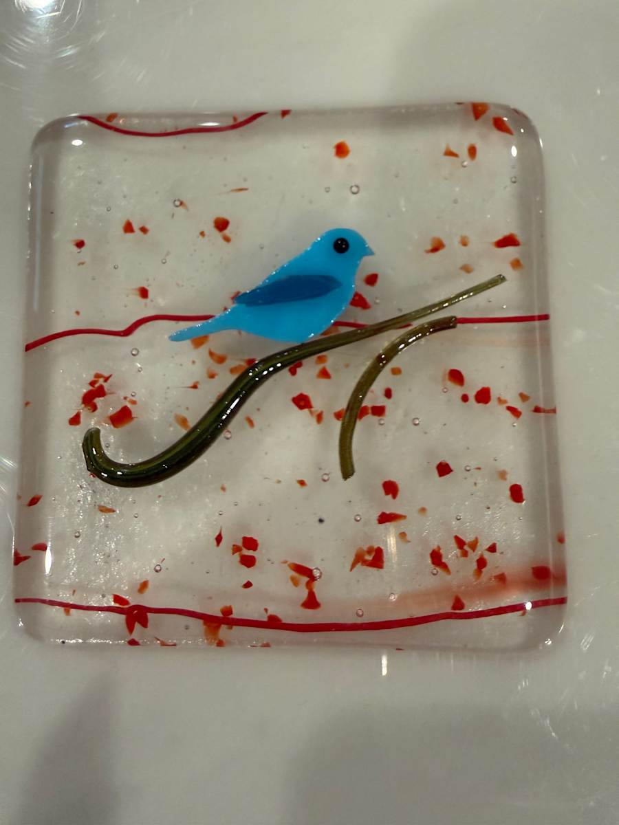 Blue Bird and Branch on Streaky Red Square by Candice Treat Murphy, Image 2.