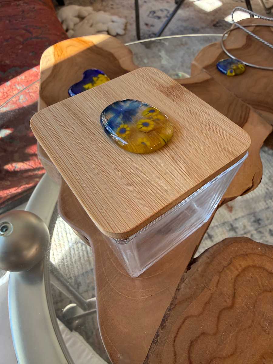 3” Square Glass Box #6 with Glass Soother Stone on Bamboo Lid 1 (Ukraine Sunflower) by Candice Treat Murphy, Image 6.