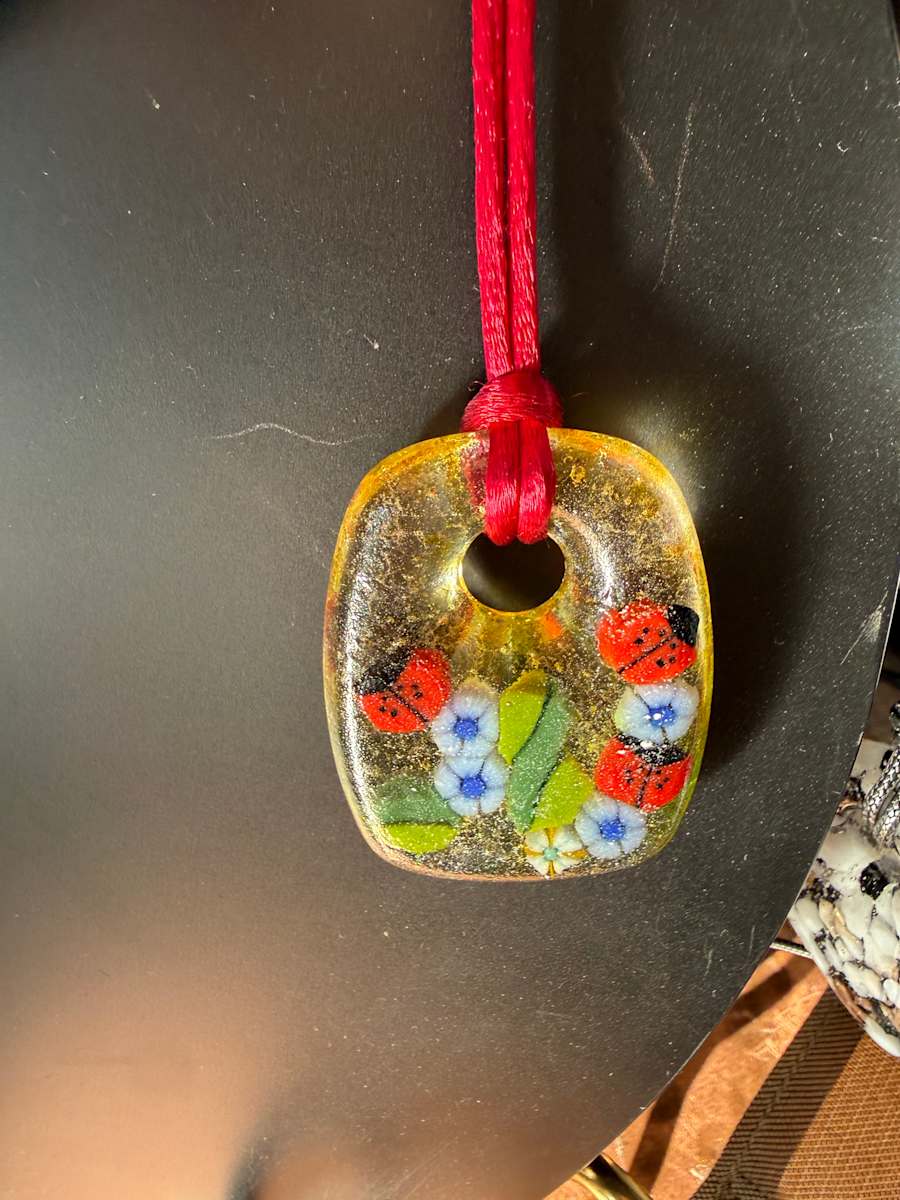 Rectangle Necklace Drop Ladybugs and Flowers #4 by Candice Treat Murphy, Image 3.