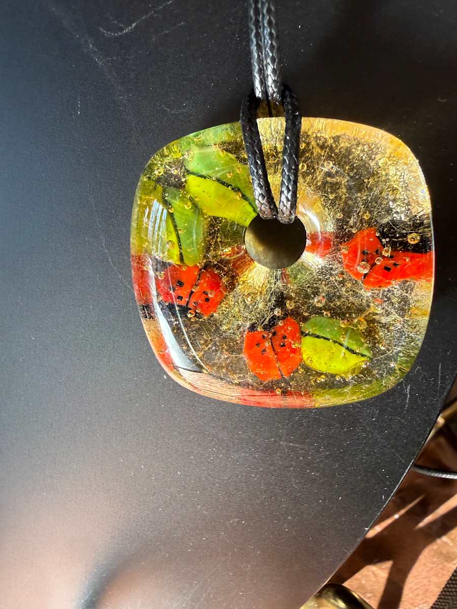 Square Necklace Ladybugs and Leaves #3 by Candice Treat Murphy, Image 4.