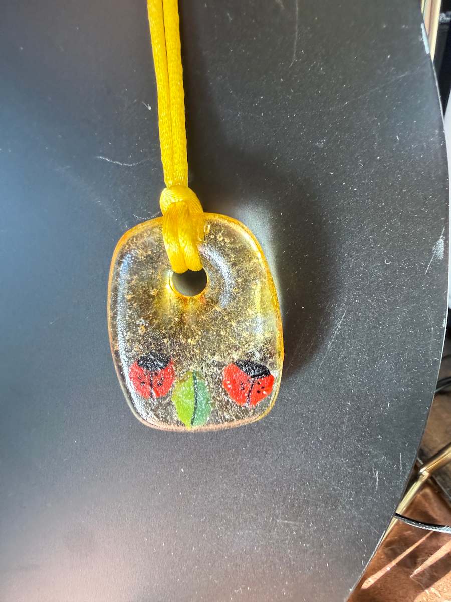 Rectangle Necklace Ladybugs and Leaf #1 by Candice Treat Murphy, Image 4.