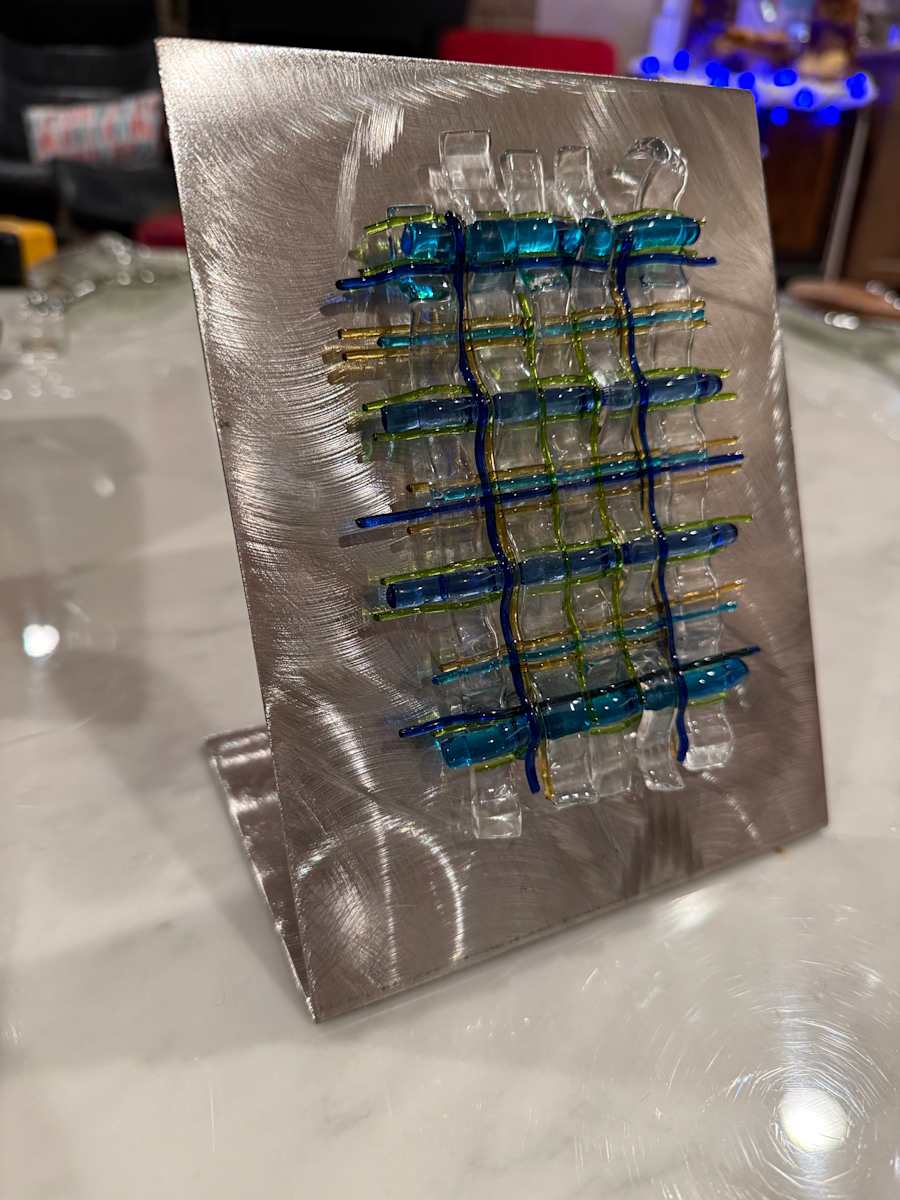 Woven Glass Blues, Greens, Clear, and Gold Sculpture on Brushed Steel Stand by Candice Treat Murphy, Image 7.