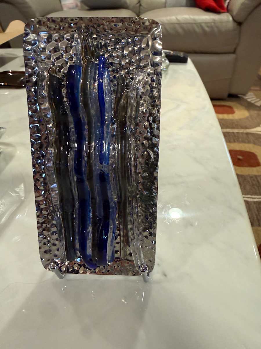 Wavy Blues, Greens, Clear, and Gold Strips Sculpture on Hammered Steel Backing by Candice Treat Murphy, Image 4.