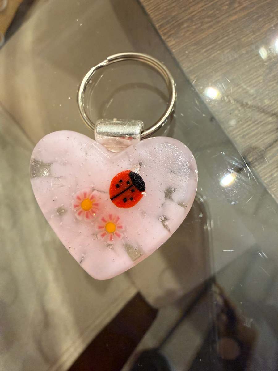 1.5" Tiny Heart Keychain Ladybug and Flowers in Pink Clouds by Candice Treat Murphy, Image 7.