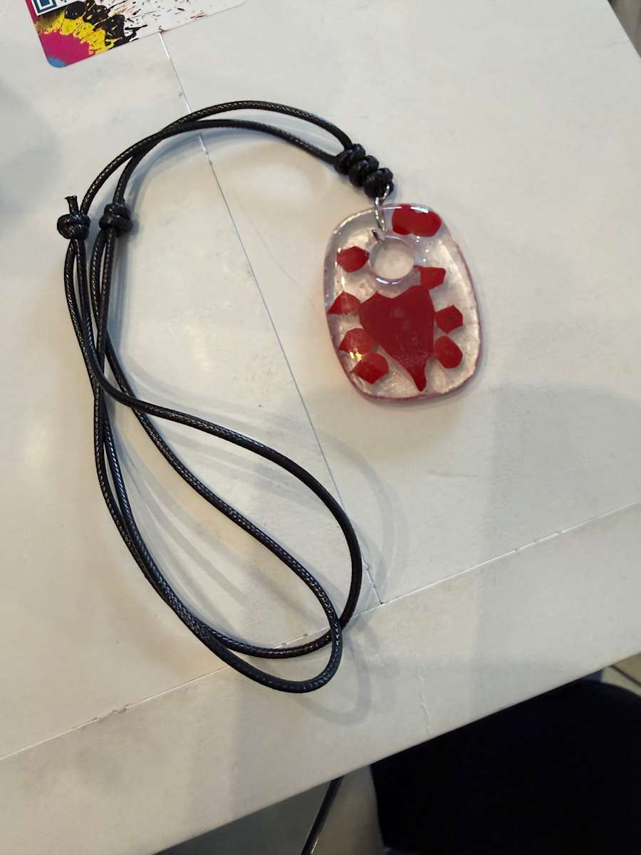 Rectangular Necklace with Red Heart and Dots by Candice Treat Murphy, Image 5.