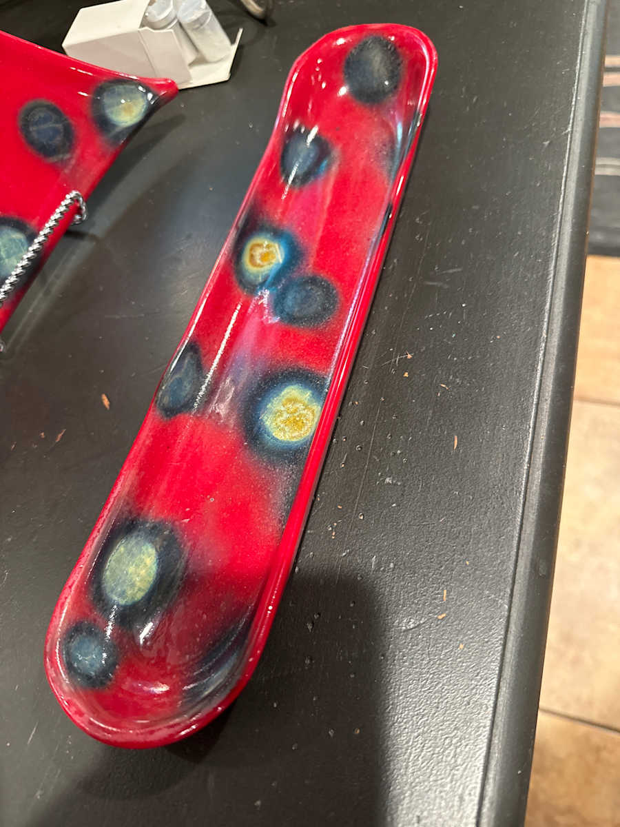 Red Oval Olive Tray with Silver Leaf Circles by Candice Treat Murphy, Image 3.