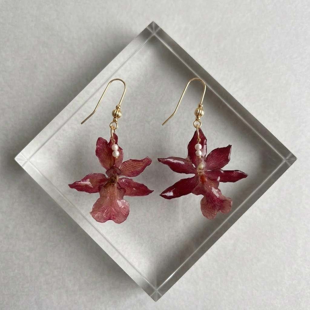 Red Oncidium Earrings by Breanna Cole, Image 1.