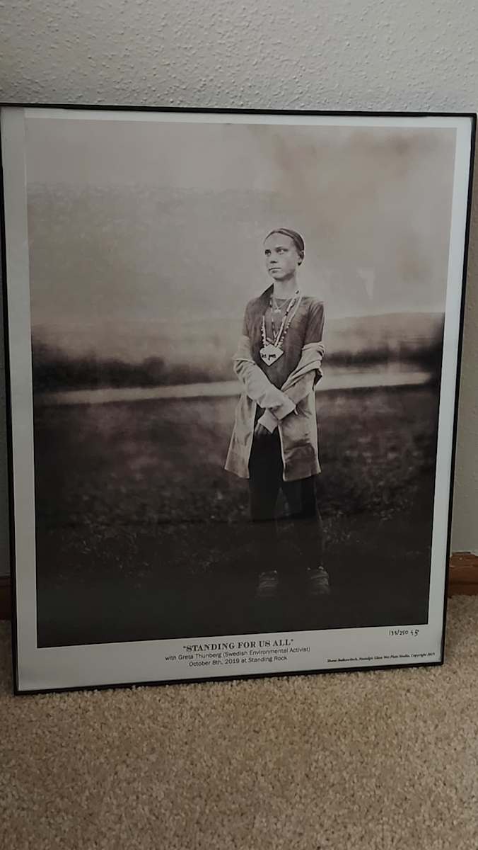 Standing For Us All by Shane Balkowitsch  Image: Photo of Gretta Thuneberg at Standing Rock reservation during protest.