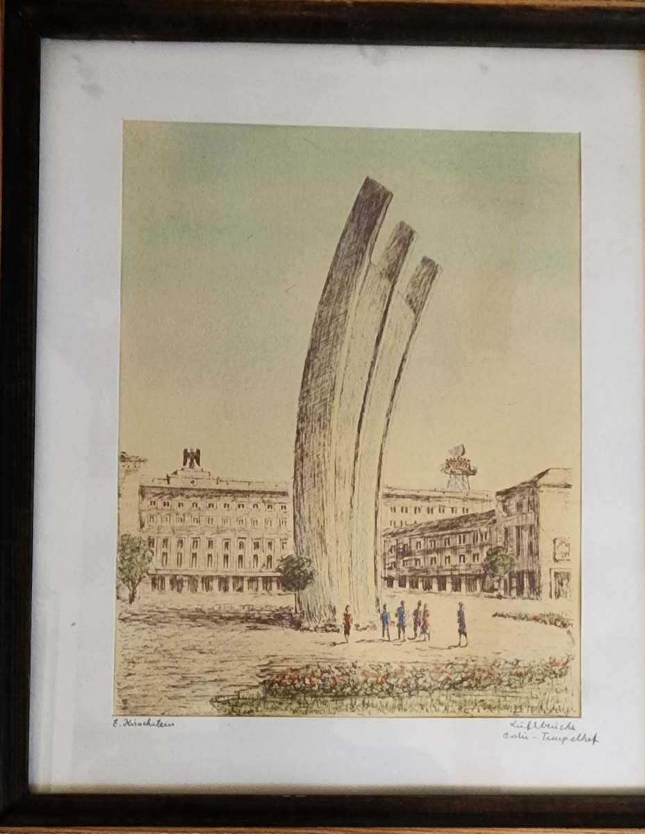 Luftbrücke Berlin - Templehof (Variation 2) by Erhard Kirschstein  Image: A second, but perhaps older, less common variation on Kirschstein's Luftbrücke print. The memorial opened in 1951. Missing the trees and bus in variation 1. 