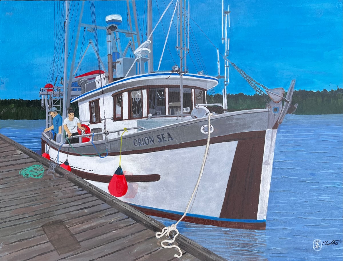 ORION SEA by CATHY KLUTHE  Image: The painting "ORION SEA " is a commercial salmon troller and holds a special place in my heart. She was built at the Queensborough B.C. shipyard in 1974 by my father-in-law . Over the course of of her  time she has traveled on the BC coastline as well as Oregon to southern Alaska. I also had the experience of fishing on her and now after the sale to a family friend, my daughter deckhands on her too.