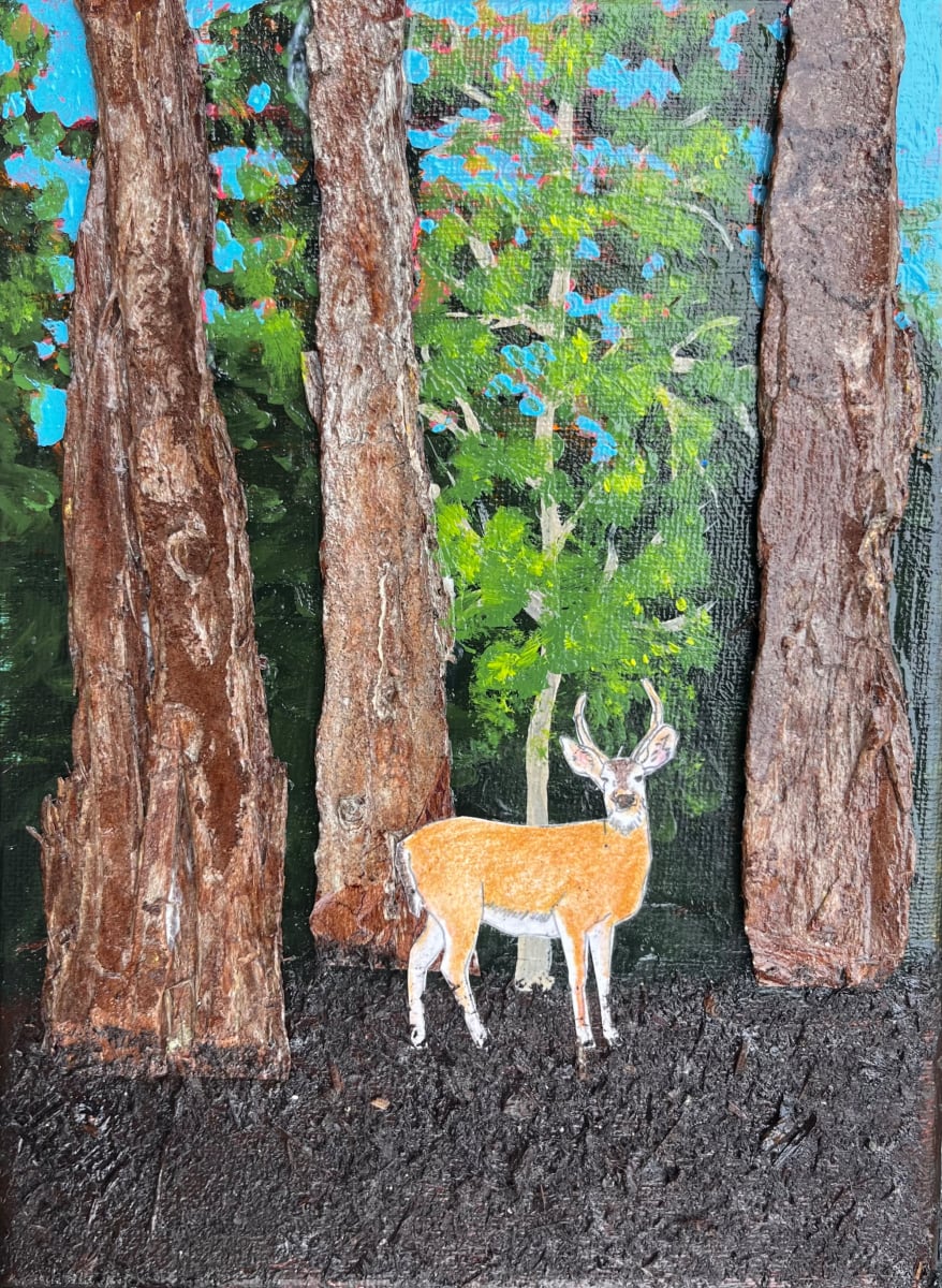 DEER IN THE FOREST by CATHY KLUTHE  Image: A series of four collages using bark, bark mulch, acrylic paint, and pencil crayon. My inspiration was found in my backyard, collecting natural objects and painting the forested background. One  of the series of three has SOLD.