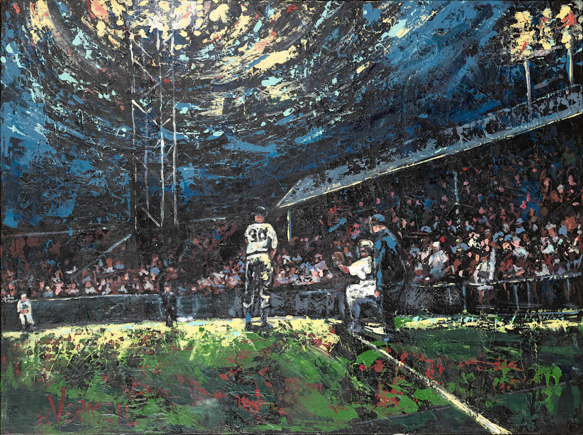 First Night Game by Heidi Vermeil  Image: The First official night game in Major League Baseball on May 24th 1935 at Crosley Field in Cincinnati, OH. The Reds faced the Phillies under newly installed electric lights. The Reds won 2-1 with President Franklin D. Roosevelt symbolically flipping a switch from the White House.