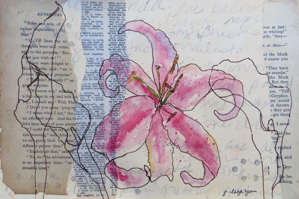 Pink Stargazer and Calla Lilies  ~ original artwork inspired by Friday Kahlo's journals by Jane LaFazio 