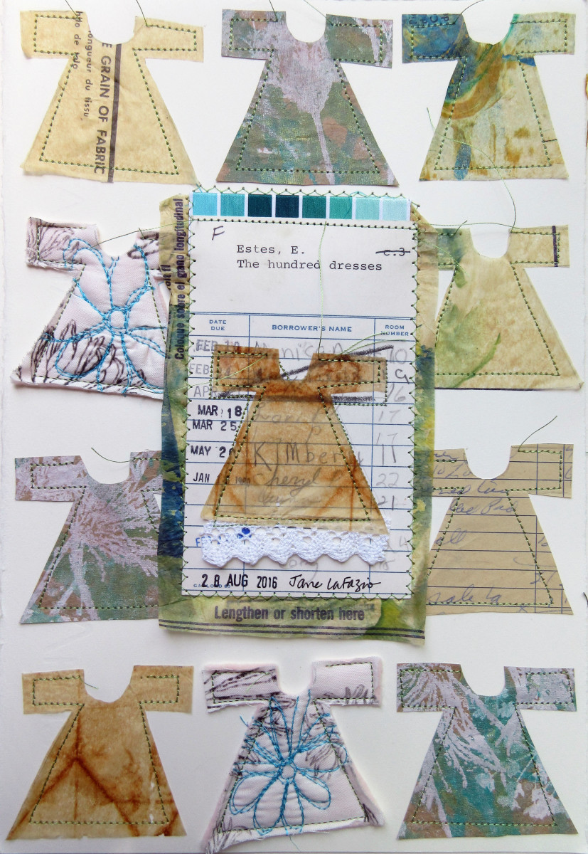 The Hundred Dresses ~ a library card collage by Jane LaFazio 