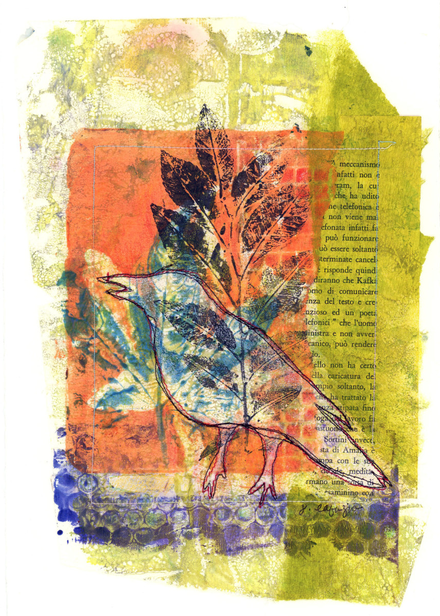 Can't see the Bird for theTrees ~ original artwork, stitched mono print by Jane LaFazio 