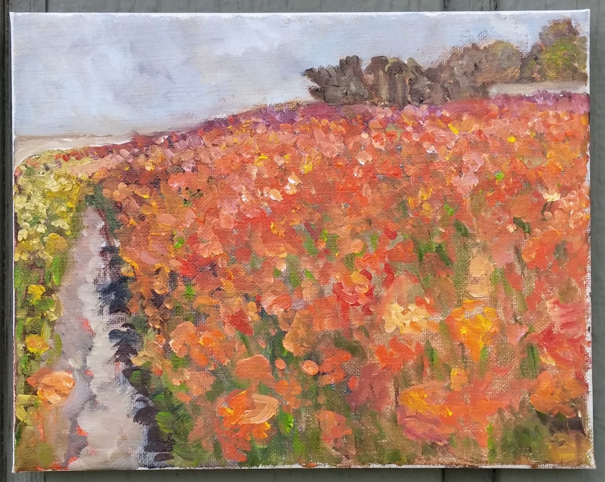 Carlsbad Flowers by Karla Mulry  Image: Sitting in the field as endless color cozies up to morning overcast
Plein Air