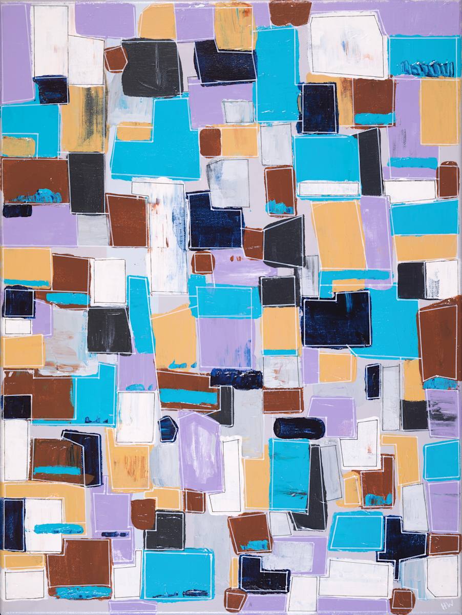 The Musical Box by Henk Weijers  Image: Inspired by early predecessors of the juke-box, this painting imagines music as colour. When the box opens, sound spills out as small, interlocking rectangles scattered across the surface. Turquoise, ochre, lilac, brown, and white move in a lively rhythm, translating melody into visual motion where music is not only heard, but seen.