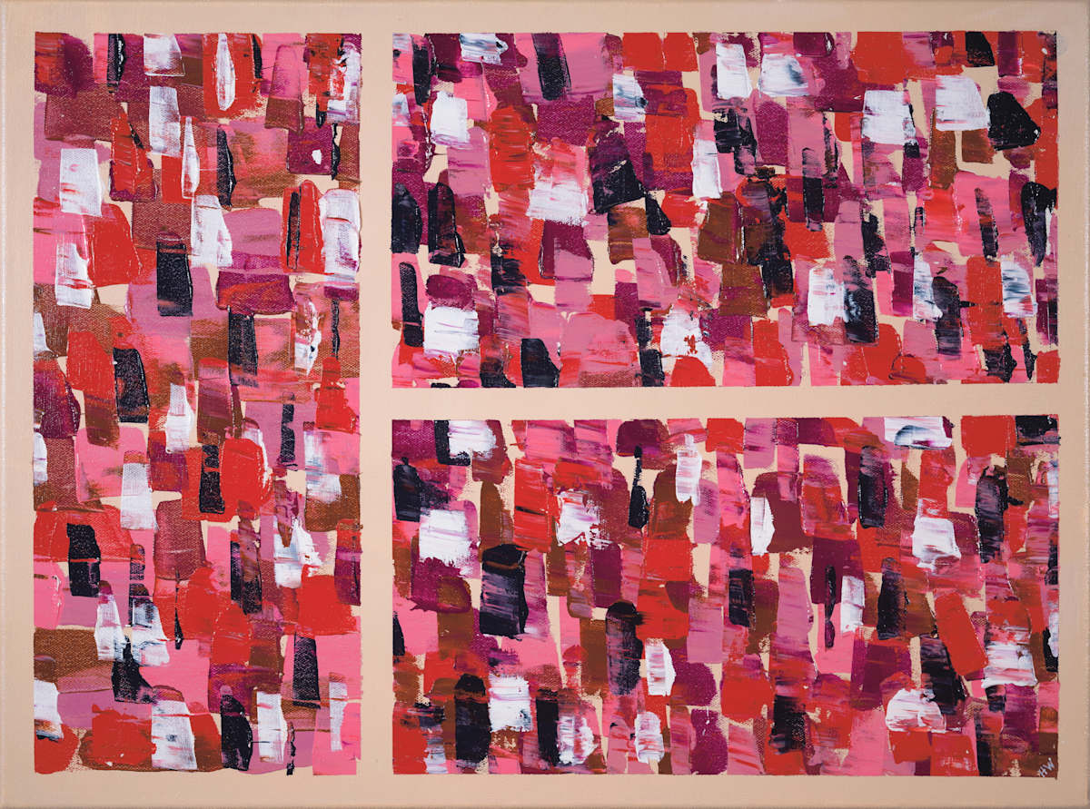 The Relentless Red Race by Henk Weijers  Image: A dense, rhythmic composition capturing urgency and constant motion. Layers of red, pink, black, and white collide like intersecting paths. The scene recalls busy airports or train stations where commuters rush onward, barely connecting. A reflection on speed, routine, and modern life—where momentum dominates and stillness is rare.