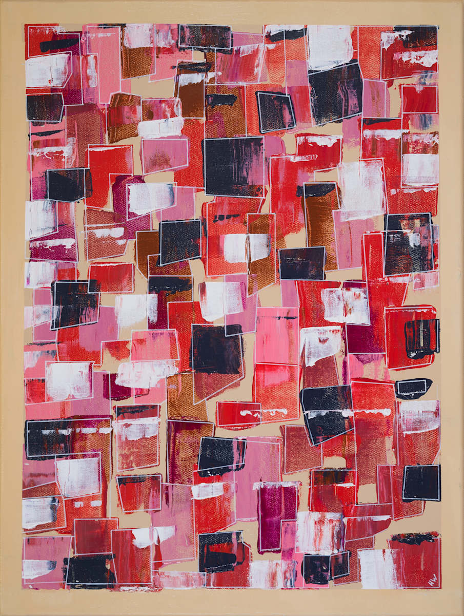 Ruby My Dear by Henk Weijers  Image: Named after the jazz standard by Thelonious Monk, this painting mirrors his unconventional rhythms and melodic twists. Overlapping rectangles in ruby red, crimson, rose, black, and white create a syncopated visual field. The ruby palette drives emotional intensity, while underlying structure brings balance beneath apparent disorder.