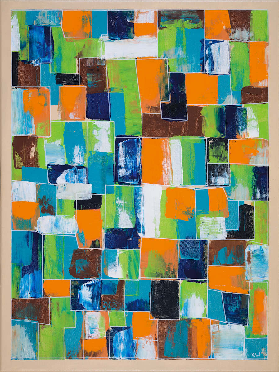 Impulse Versus Discipline by Henk Weijers  Image: Impulse versus discipline reflects the tension between spontaneity and structure. Energetic strokes meet carefully placed rectangular forms, as impulse confronts discipline. Greens, blues, oranges, and whites move freely within an underlying framework. The work explores balance—where intuition is shaped by order and contrasting energies coexist in harmony.