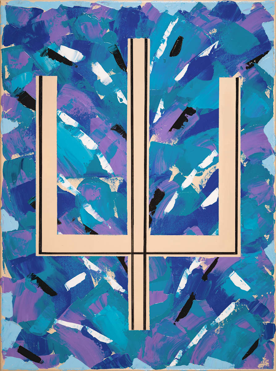 Bavovna - II by Henk Weijers  Image: Bavovna’ means explosion in Ukrainian. Energetic, fractured strokes radiate across the surface, colliding like bursts of light and sound. At the centre stands the Ukrainian trident, containing the hidden word ‘Volya’—Freedom. The contrast between explosive movement and firm geometry reflects resilience, continuity, and resolve in the face of chaos.