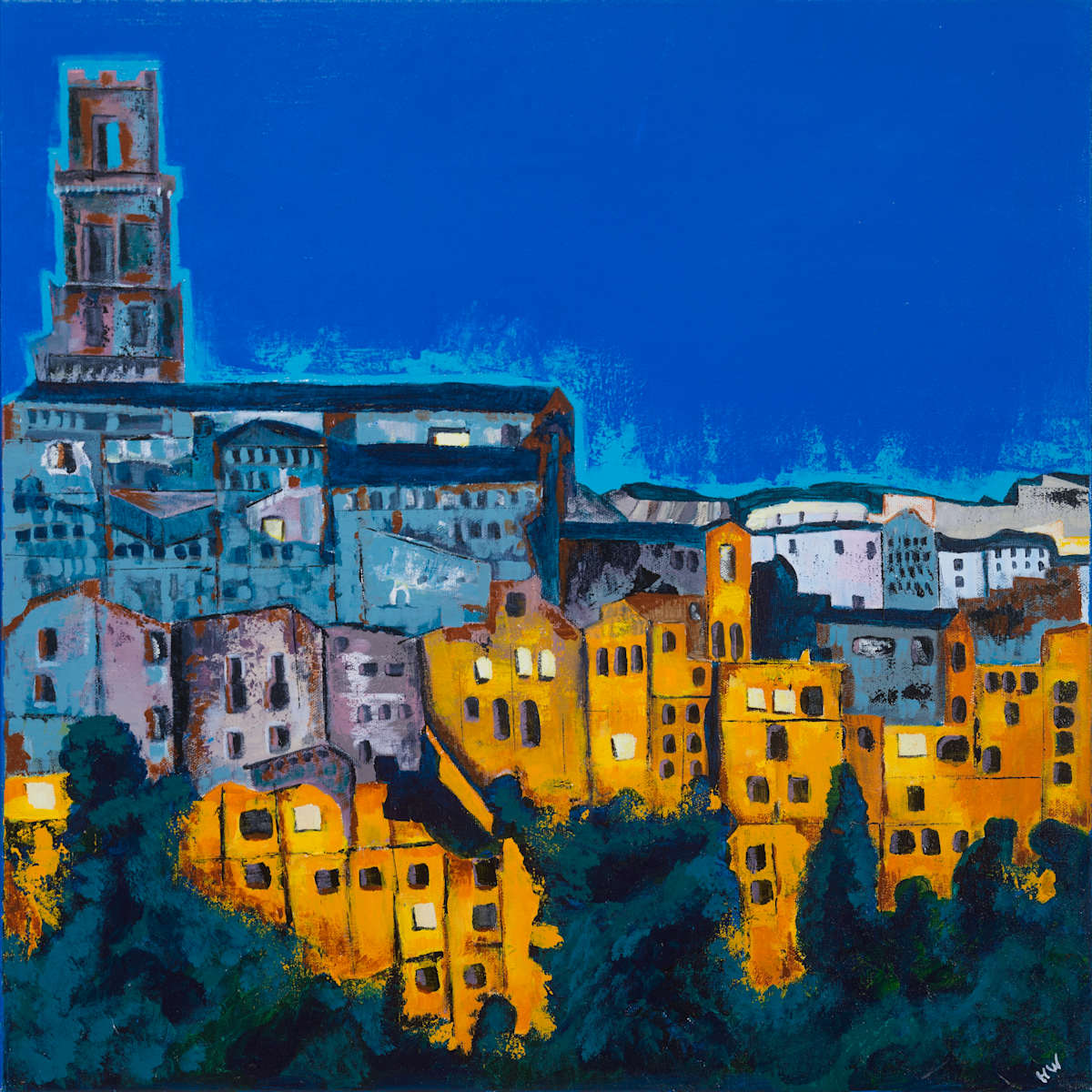 Dolce Maria by Henk Weijers  Image: Dolce Maria depicts the hill town of Pitigliano after sunset, its clustered buildings glowing against a restless blue sky. The scene recalls an adolescent romance in Italy, marked by heightened emotion and possibility. Named after a song by PFM, the work carries a sense of nostalgia and youthful longing. It reflects on how a single choice can shape a life, leaving the lasting question of what might have been.