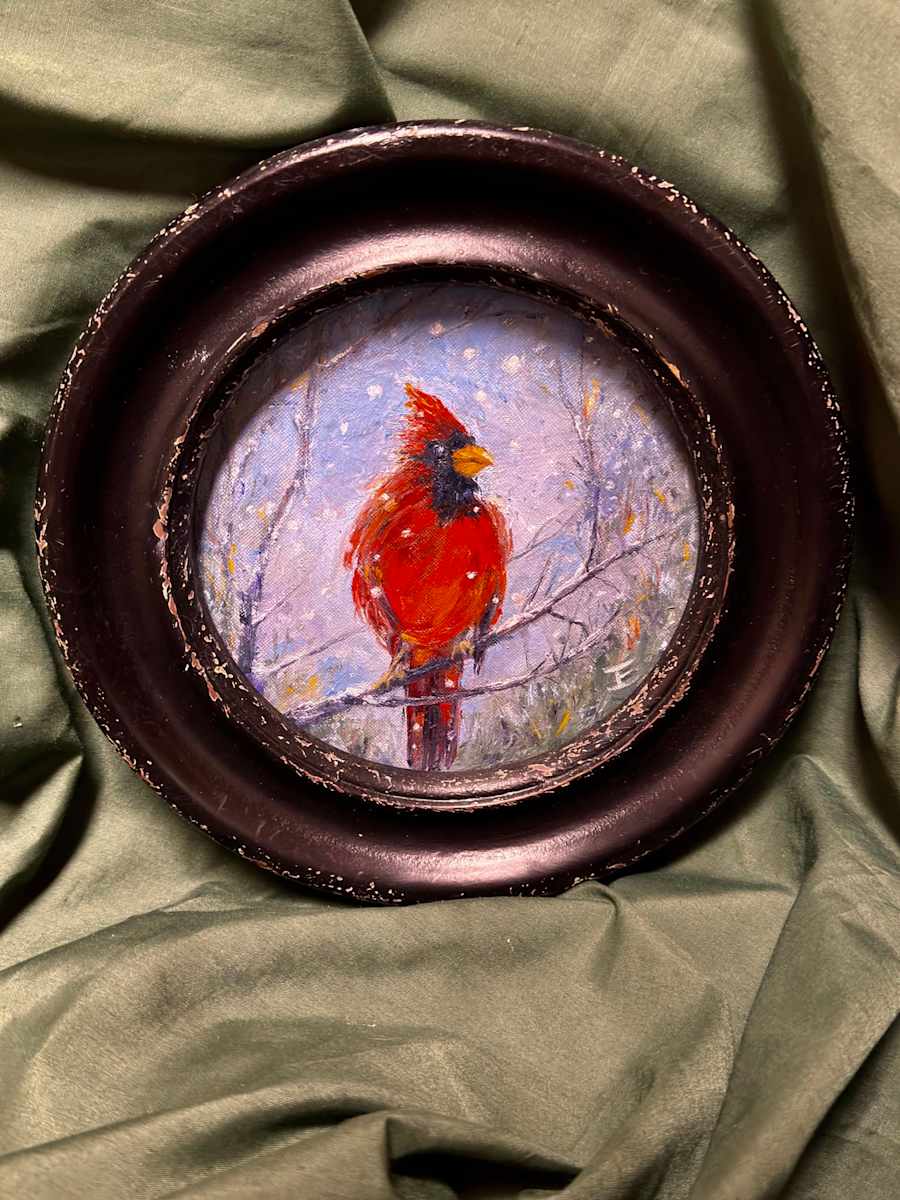 Christmas Cardinal in Vintage Frame by Julee Everett  Image: Vintage Christmas, 8"x16" oil on wrapped canvas, 