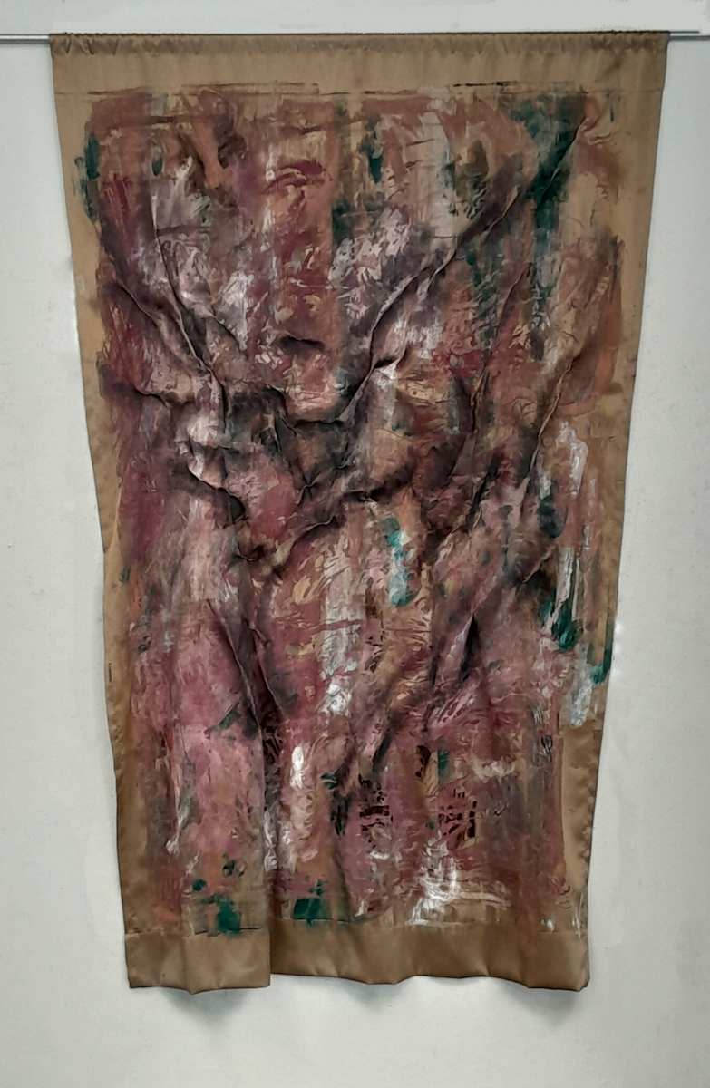 Untitled by Carol Schottenfeld  Image: This piece is a large tapestry that has been silkscreened and sewn to created layers of texture and color.  It is meant to hang from the wall like a tapestry. 