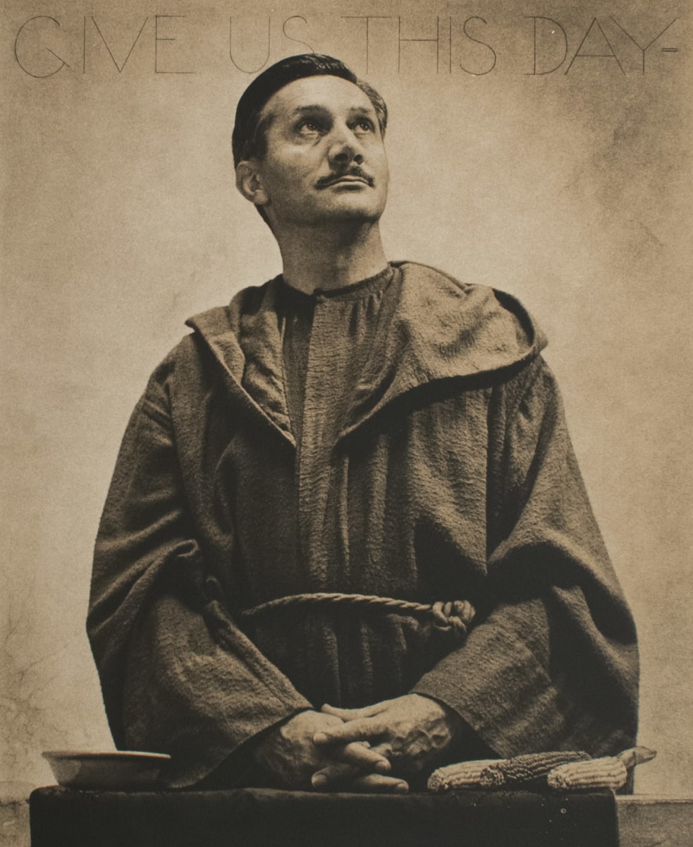 Give Us This Day by Shirley Hall  Image: A sepia-toned portrait of a monk sitting with his hands folded together. On the top of the image there is the phrase "GIVE US THIS DAY-". 