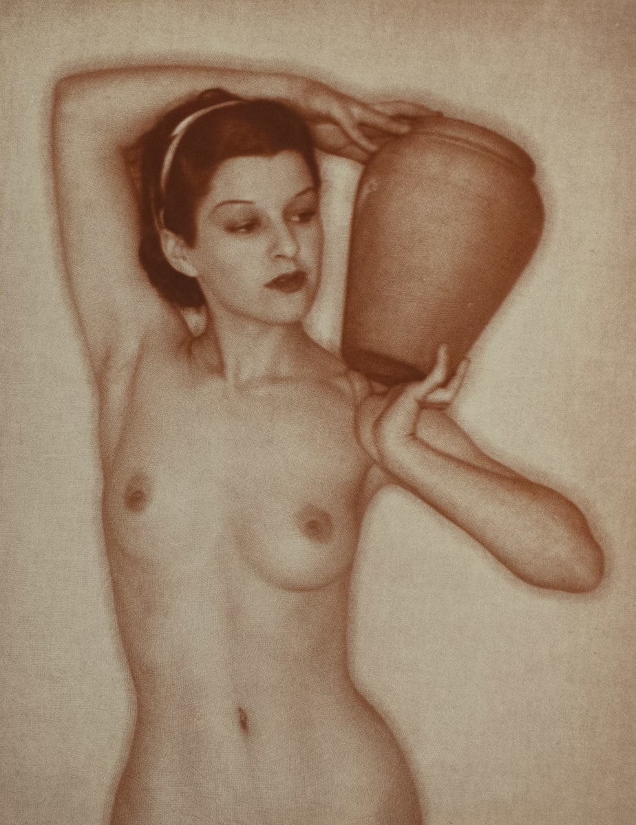 Study #2 by Shirley Hall  Image: A red-toned nude portrait of a woman holding a ceramic jug on her shoulder.