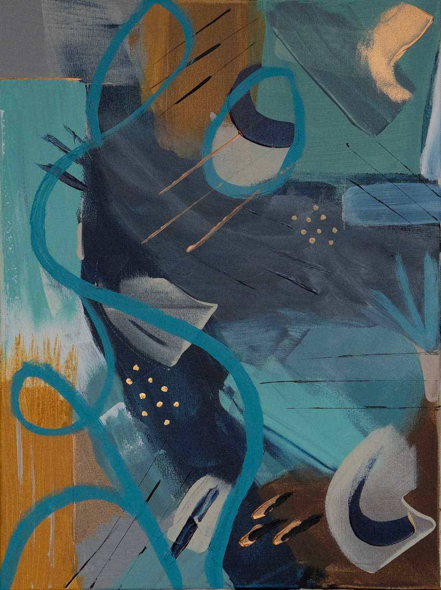 Azure Goldscape by Jani Klun  Image: This painting evokes a sense of natural power and the push-and-pull of the dark blue and gold tones along with the flow of turquoise.