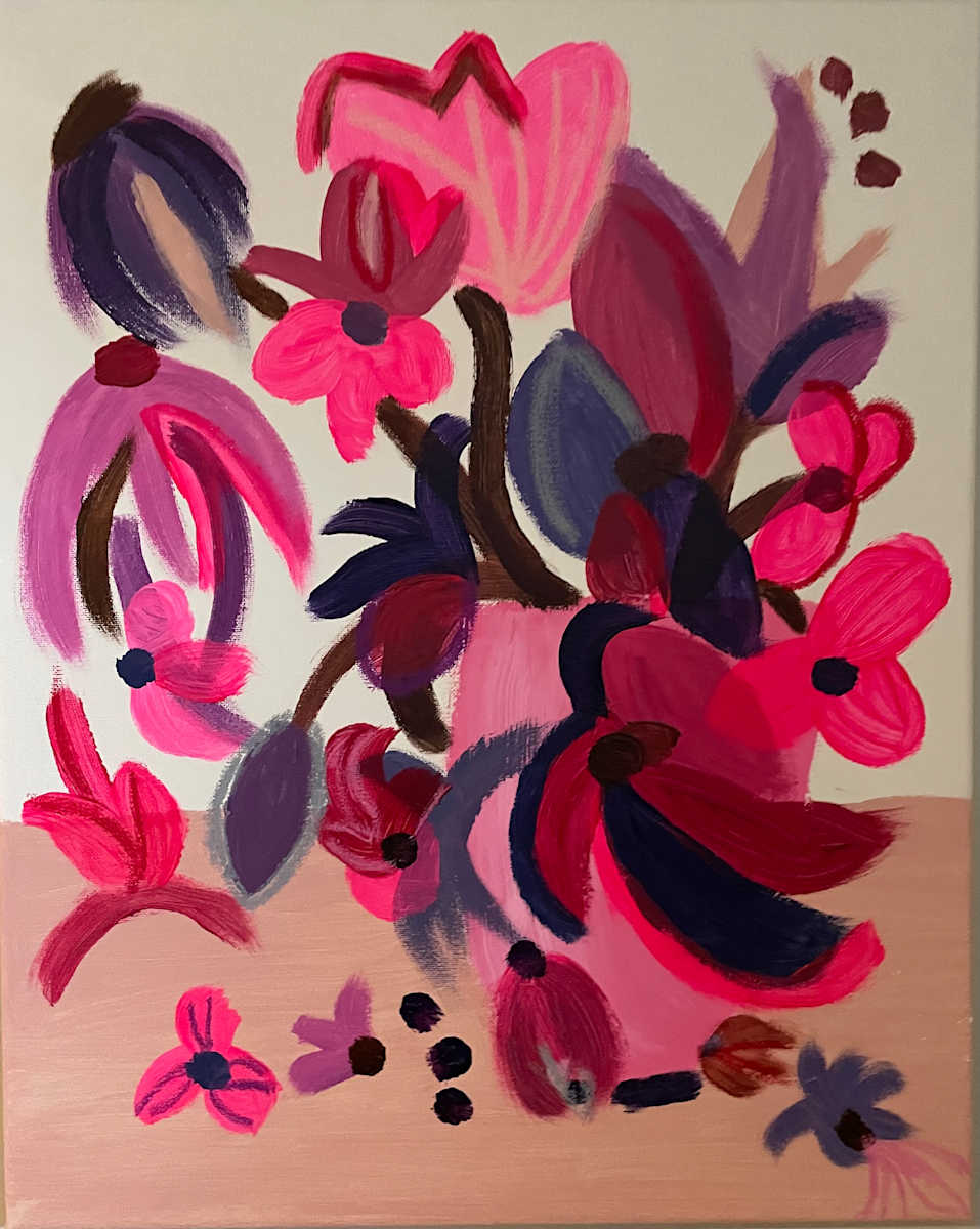 Tender Petal Symphony by Jani Klun  Image: Joyful still-life bouquet of burgundy, pink and neon pink flowers in a vase