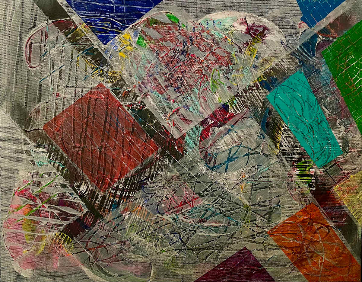 Mending Hearts by Jani Klun  Image: Dynamic intersection of hearts imbedded within movement representing healing and conflict.  Intense colors and lines capture forward momentum amongst setbacks