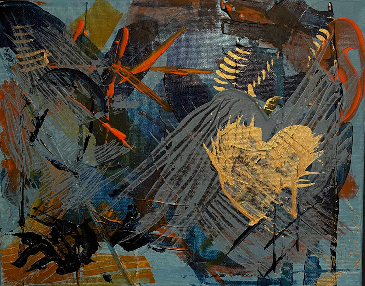 Hearts Embraced by Jani Klun  Image: Dynamic strokes of slate gray, deep blue, and fire-orange collide around a bold golden heart shape at the center.  This textural abstract explores strength, contrast and the resilience found within the turbulence of love.