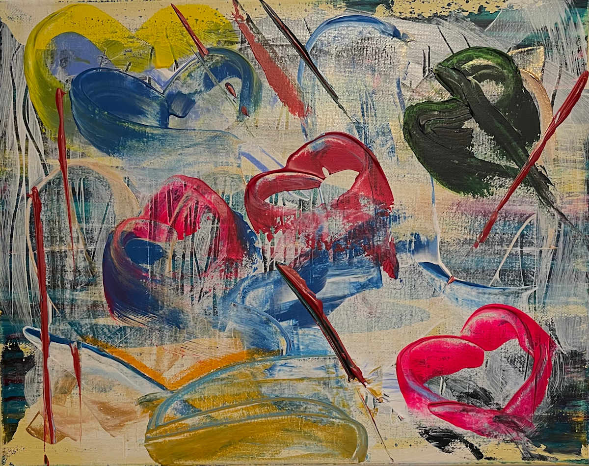 Hearts in Motion by Jani Klun  Image: This abstract evokes the feeling of falling in love with colorful bold hearts against a dynamic background of contrasting colors.