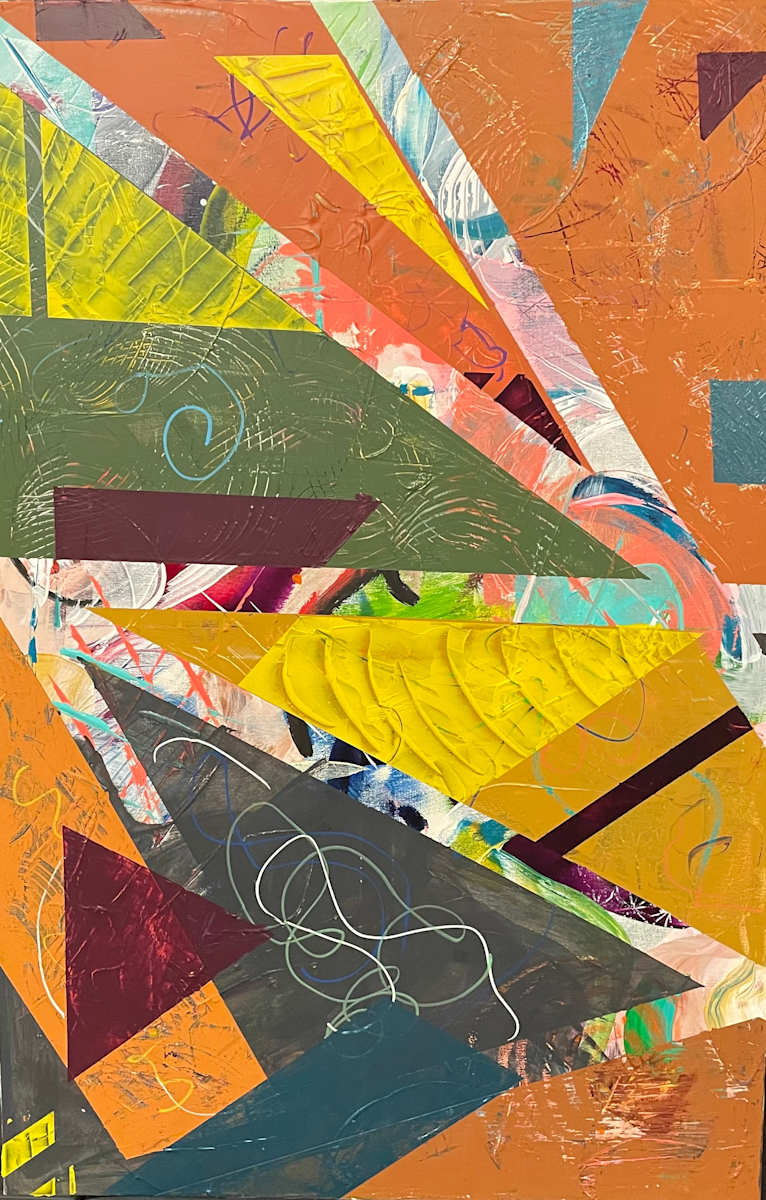 Calculated Momentum by Jani Klun  Image: This contemporary abstract work balances architectural precision with expressive freedom.  Layered geometric shapes, incised textures, and gestural line work create a dynamic composition that evokes movement, growth and transformation