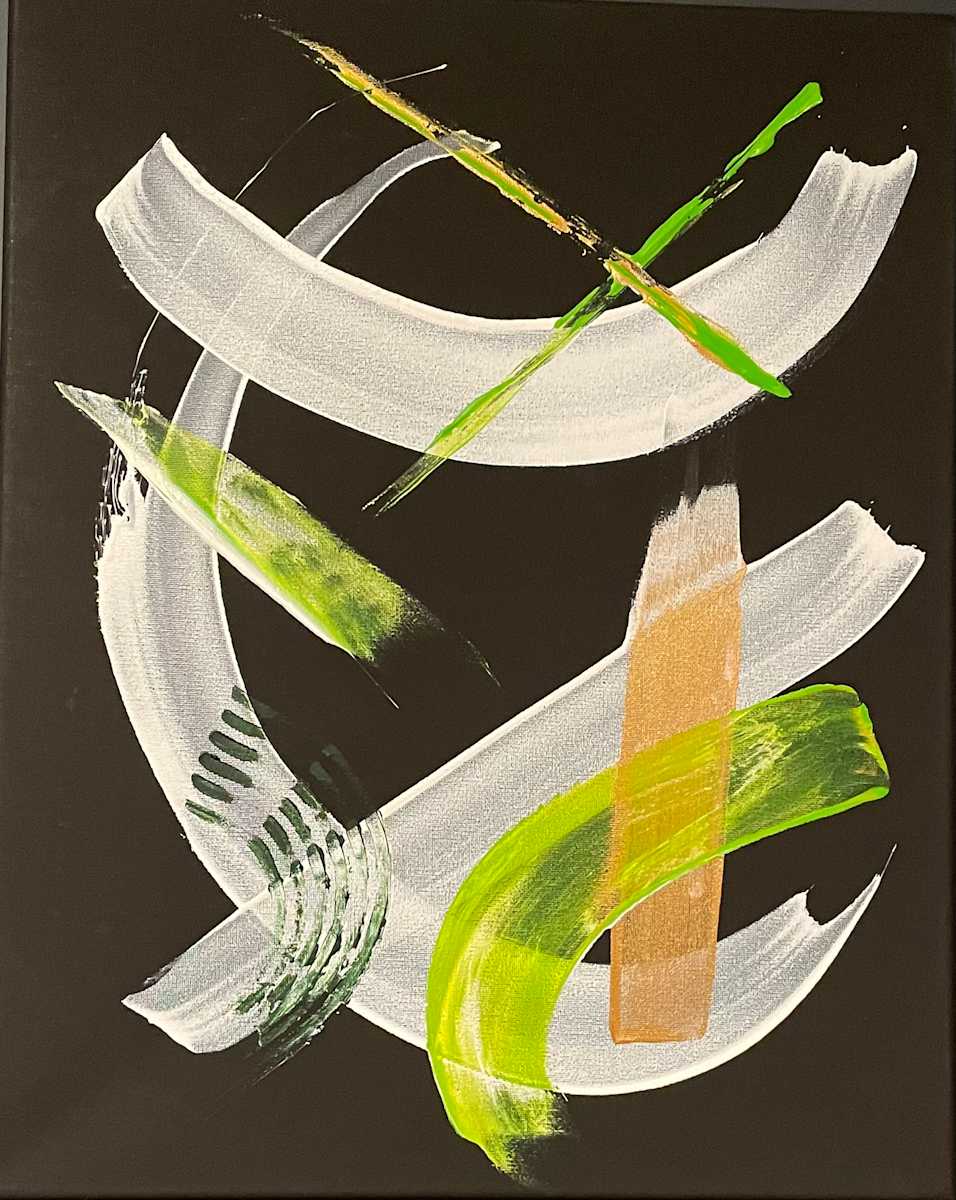 Gilded Energy by Jani Klun  Image: This composition explores decisive movement through intersecting arcs and restrained color.  Layered white gestures establish rhythm and clarity, while vibrant green and warm ochre accents introduce controlled energy.