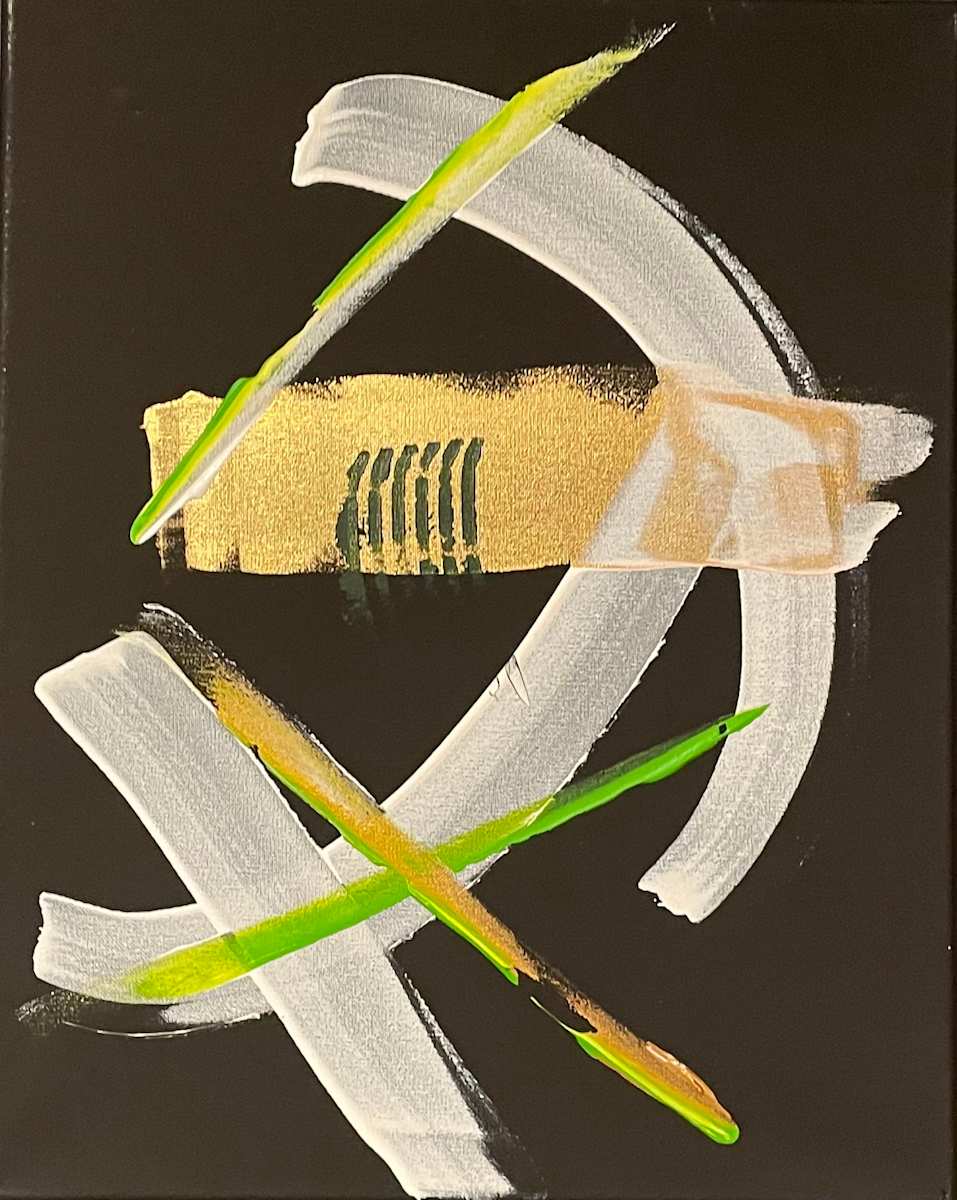 Crossing the Measure by Jani Klun  Image: This composition explores decisive movement through intersecting arcs and restrained color.  Layered white gestures establish rhythm and clarity, while vibrant green and warm ochre accents introduce controlled energy.