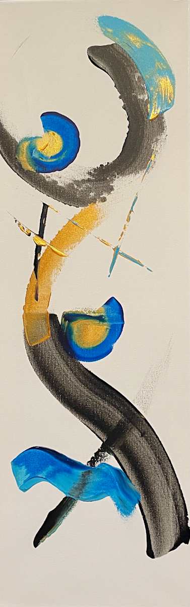 Measured Ascent by Jani Klun  Image: This vertical abstract painting explores the balance between movement and restraint.  Fluid blue forms intersect with bold black arcs and subtle gold accents, creating a rhythmic composition that feels both intentional and expressive.  Open negative space allows the viewer to experience quiet energy, structure, and contemporary elegance