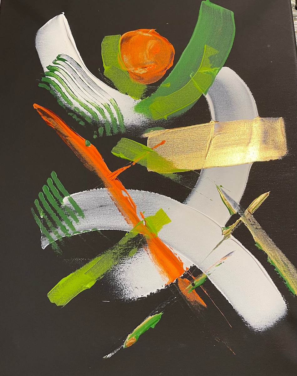 Quiet Geometry by Jani Klun  Image: Bold white structures intersect with swatches of gold and green.