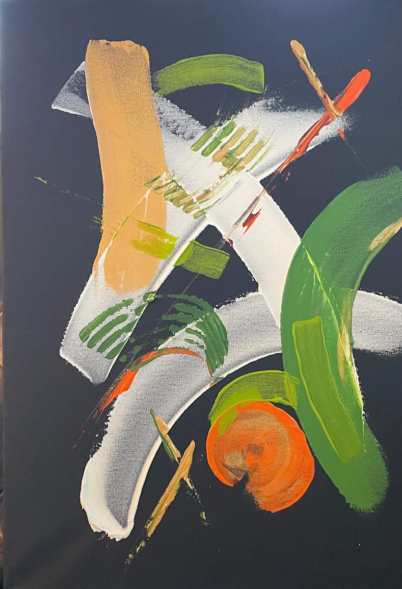 Quiet Alignment by Jani Klun  Image: Bold gold stroke intersecting with white and green with orange highlights