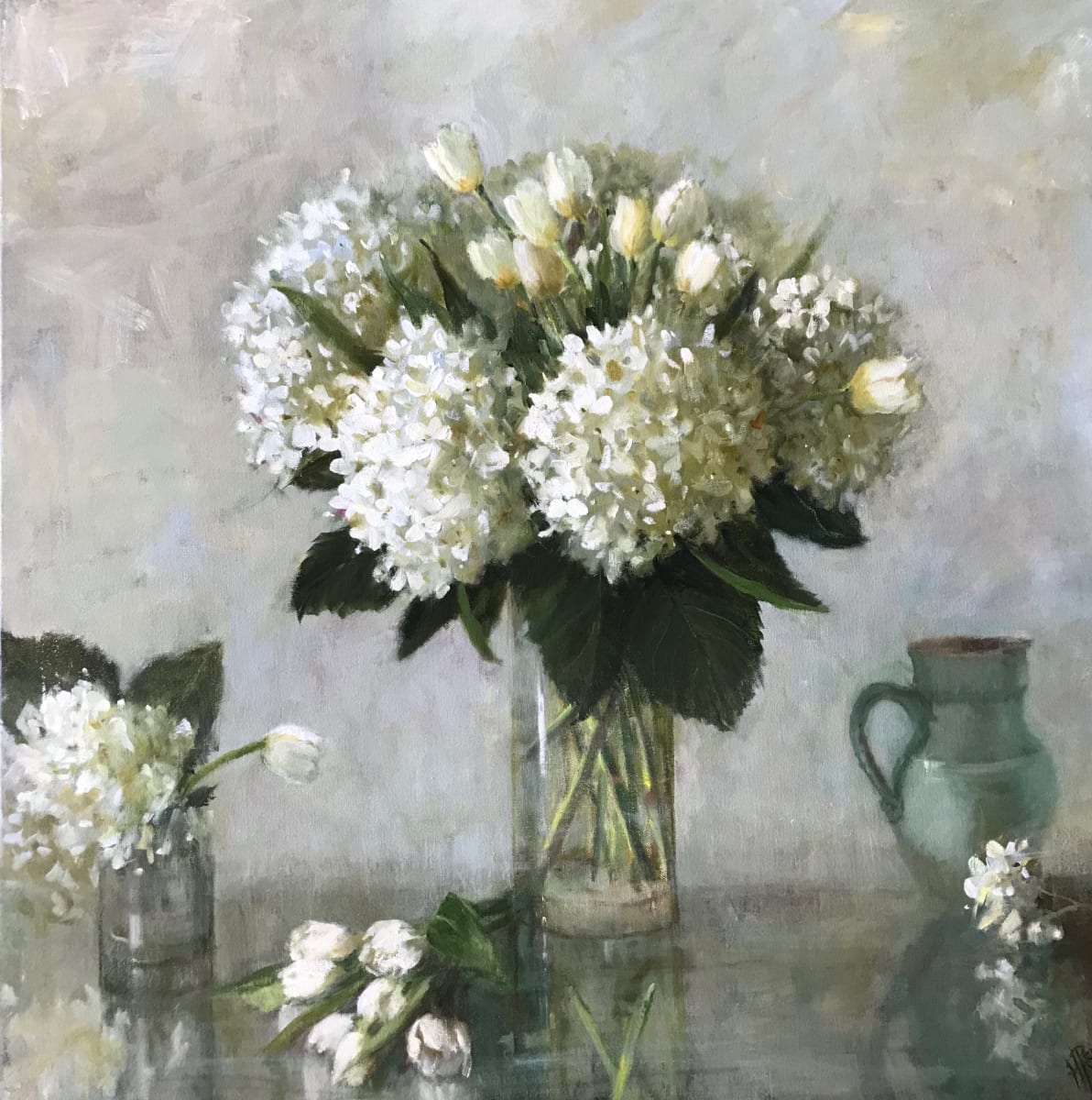 Spring Green Hydrangea with Tulips by Hope Reis Art Studio 