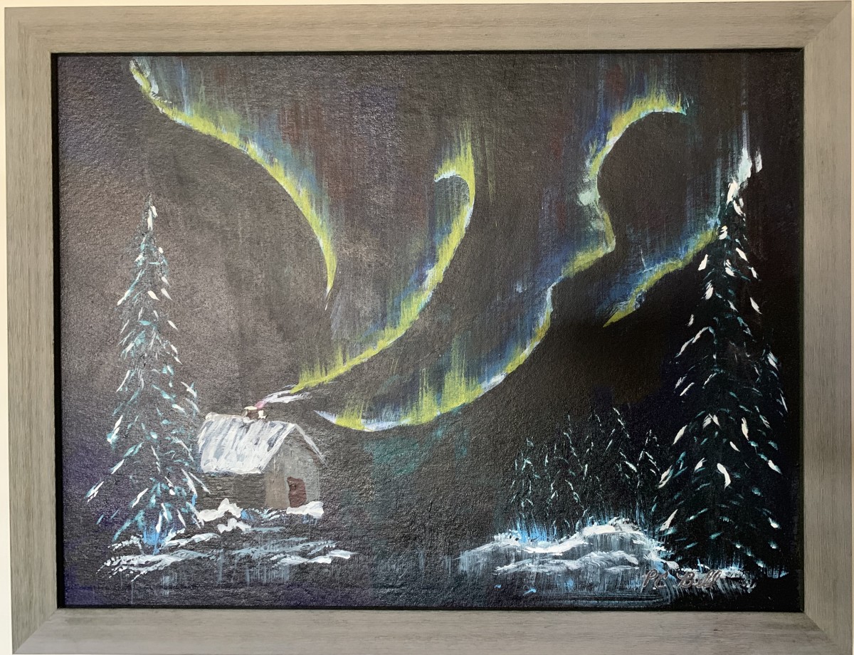 cabin under the aurora borealis lights by Pamela Bell 
