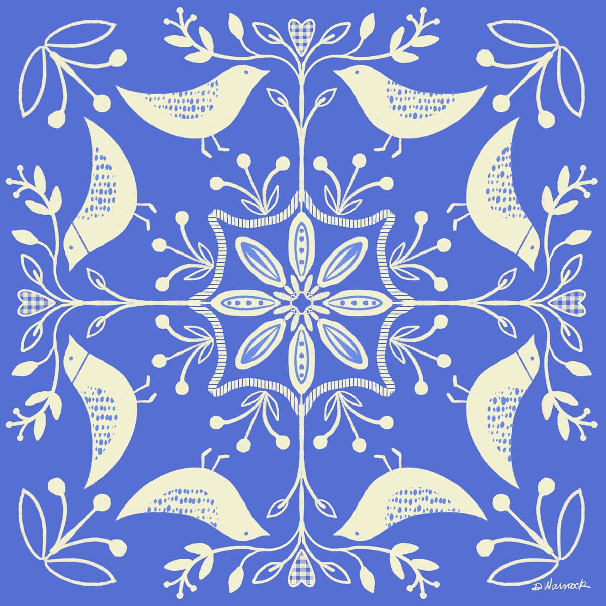 Folk Art Birds and Flowers in Blue by Debbie Warnock  Image: Blue and white symmetrical art is such a classic.